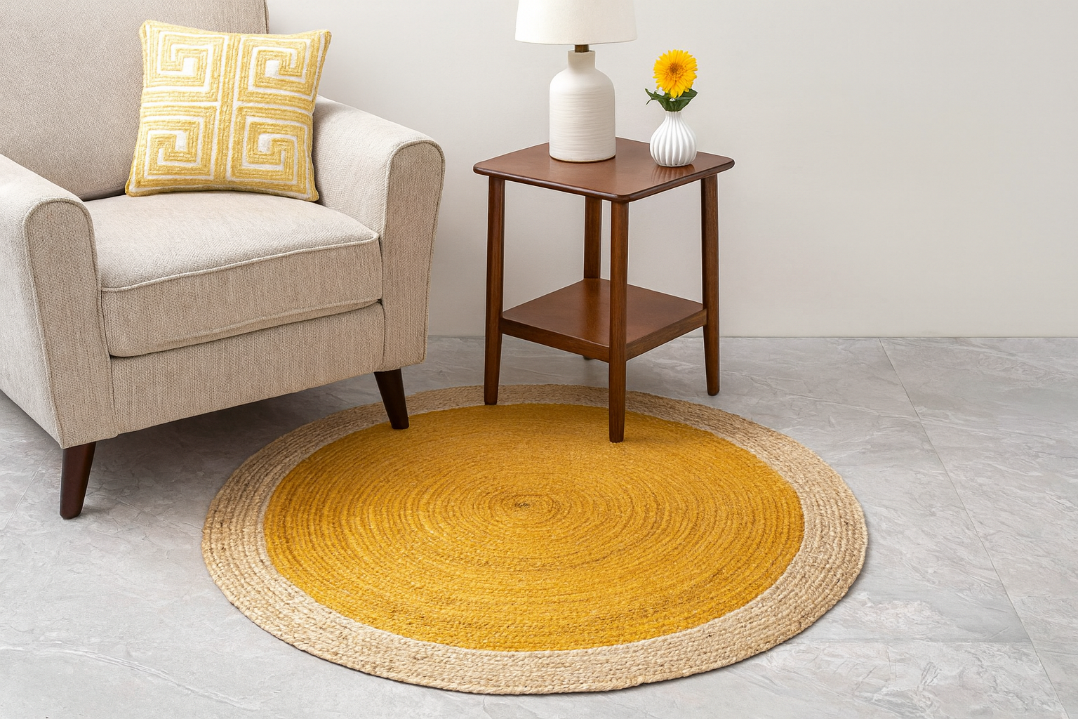 Ripaz Vogue - Tapis rond en jute tressé à la main aspect rustique beige avec bordure jaune 