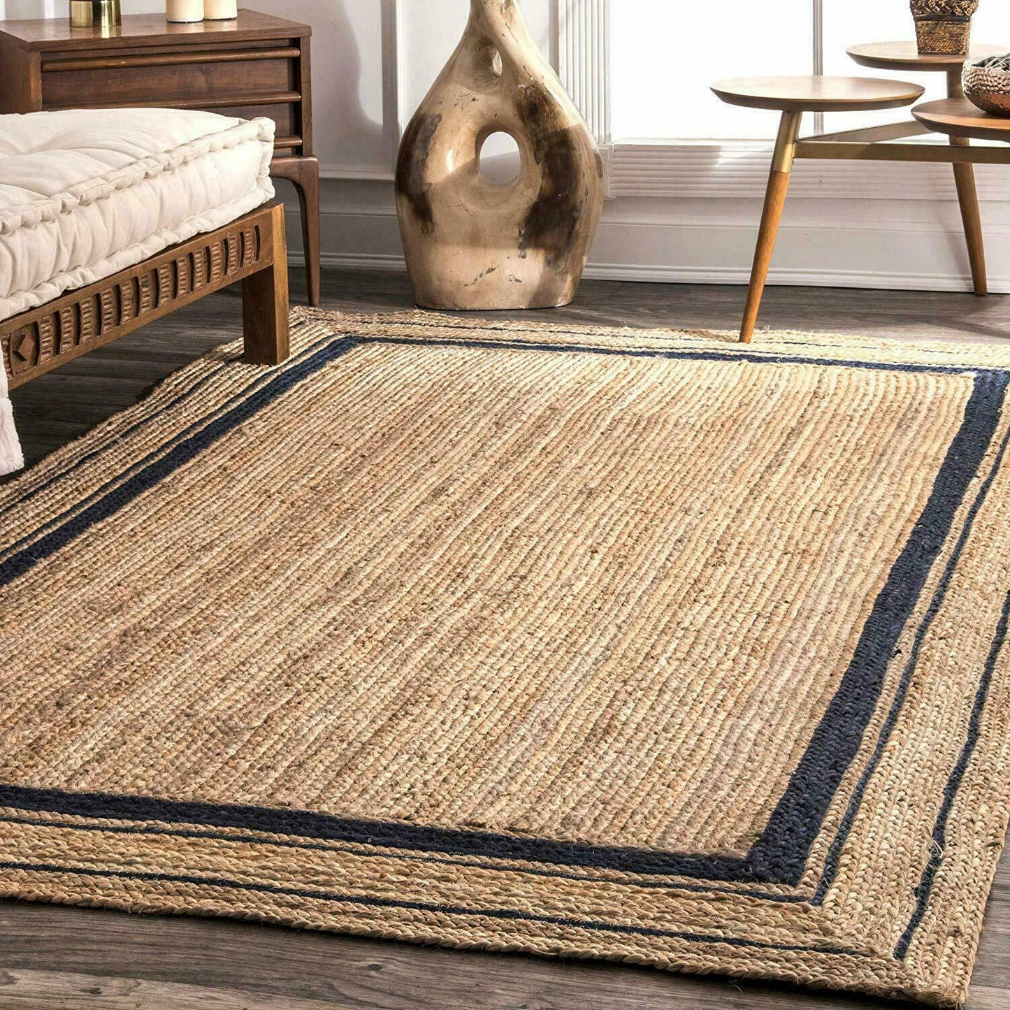 Natural Jute Rug Rectangle Beige With Black Hand Braided Farmhouse Jute Area Rug Eco Friendly Carpet