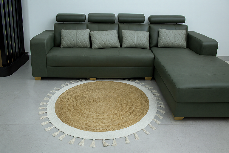 Ripaz Vogue - Tapis rond en jute tressé à la main aspect rustique beige avec bordure jaune 