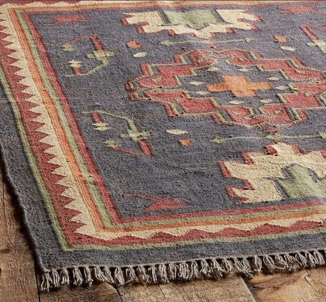 Wool Jute Rug Kilim Traditional Rustic Look Dhurrie Living Room Bedroom Carpet (KLM-38)