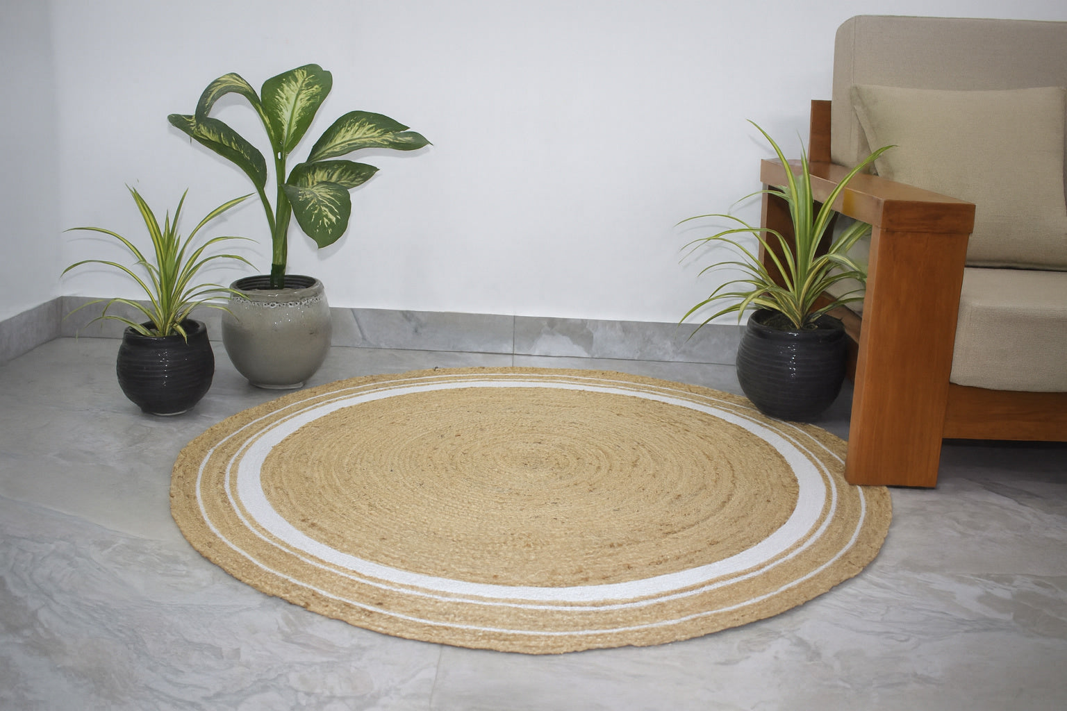 Ripaz Vogue - Tapis rond en jute tressé à la main - Paillasson de ferme en jute beige avec bordure en ligne blanche 