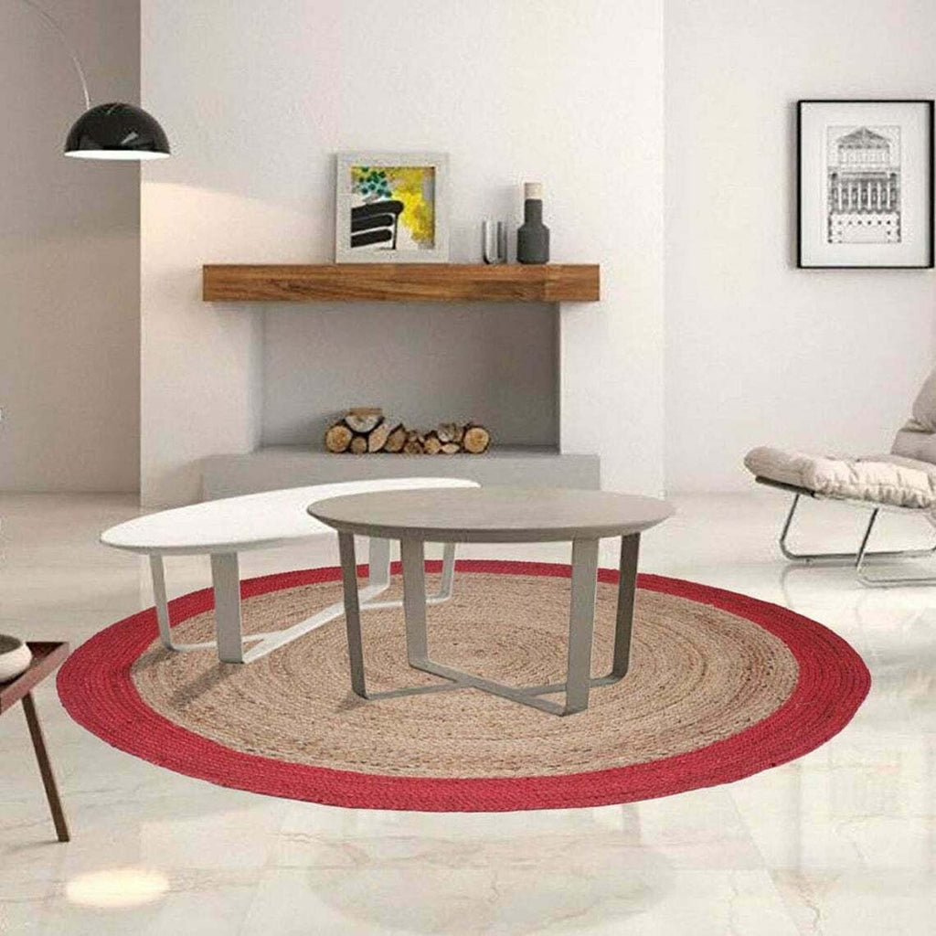Ripaz Vogue - Tapis rond en jute tressé à la main aspect rustique beige avec bordure rouge 