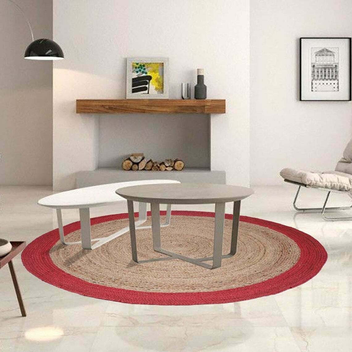 Ripaz Vogue - Tapis rond en jute tressé à la main aspect rustique beige avec bordure rouge 