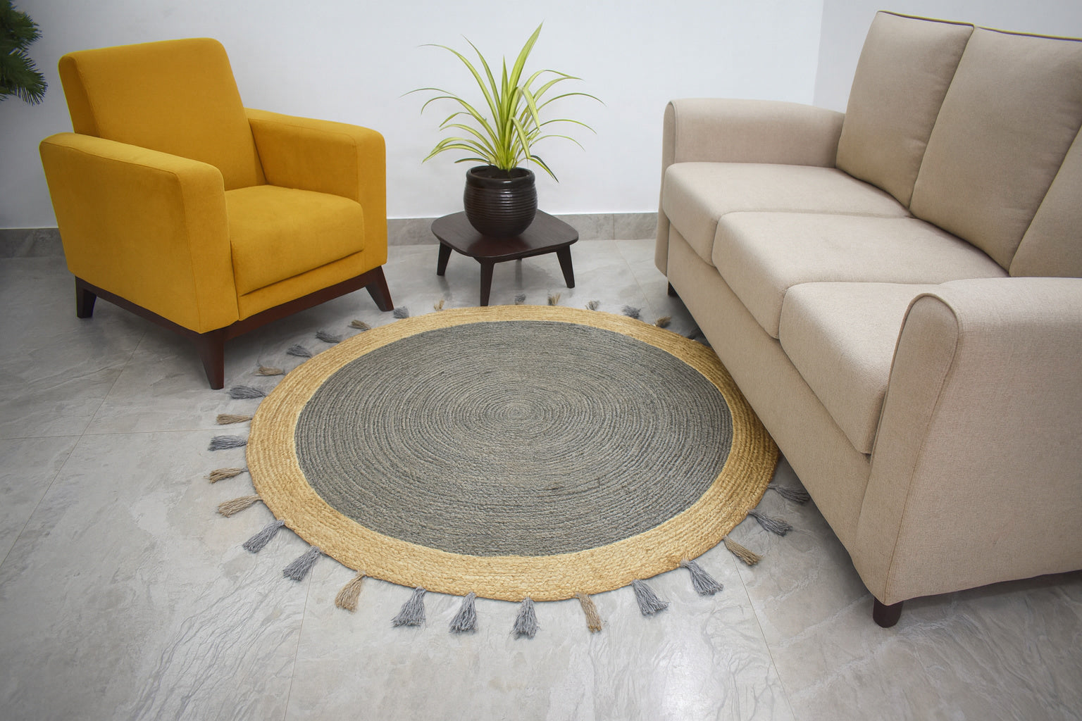 Ripaz Vogue - Tapis rond en jute tressé à la main aspect rustique beige avec bordure jaune 