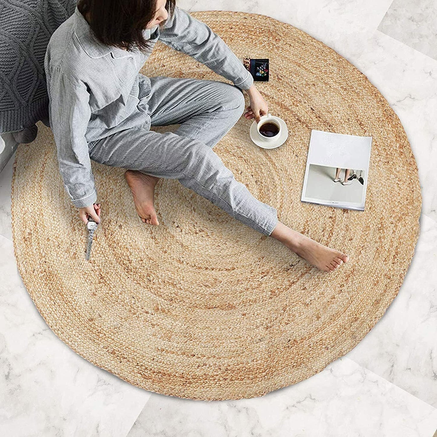 Round Natural Jute Rug – Handcrafted Boho Living Room Area Rug
