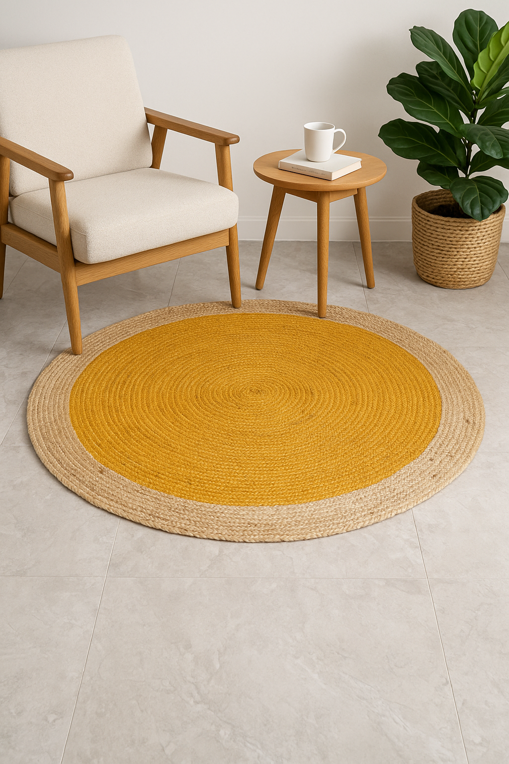 Ripaz Vogue - Tapis rond en jute tressé à la main aspect rustique beige avec bordure jaune 