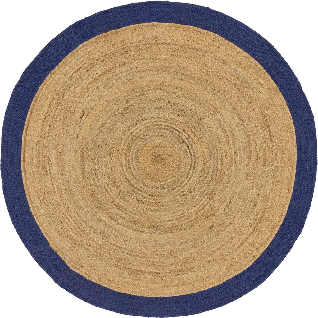 Ripaz Vogue - Tapis rond en jute tressé à la main aspect rustique beige avec bordure bleue 