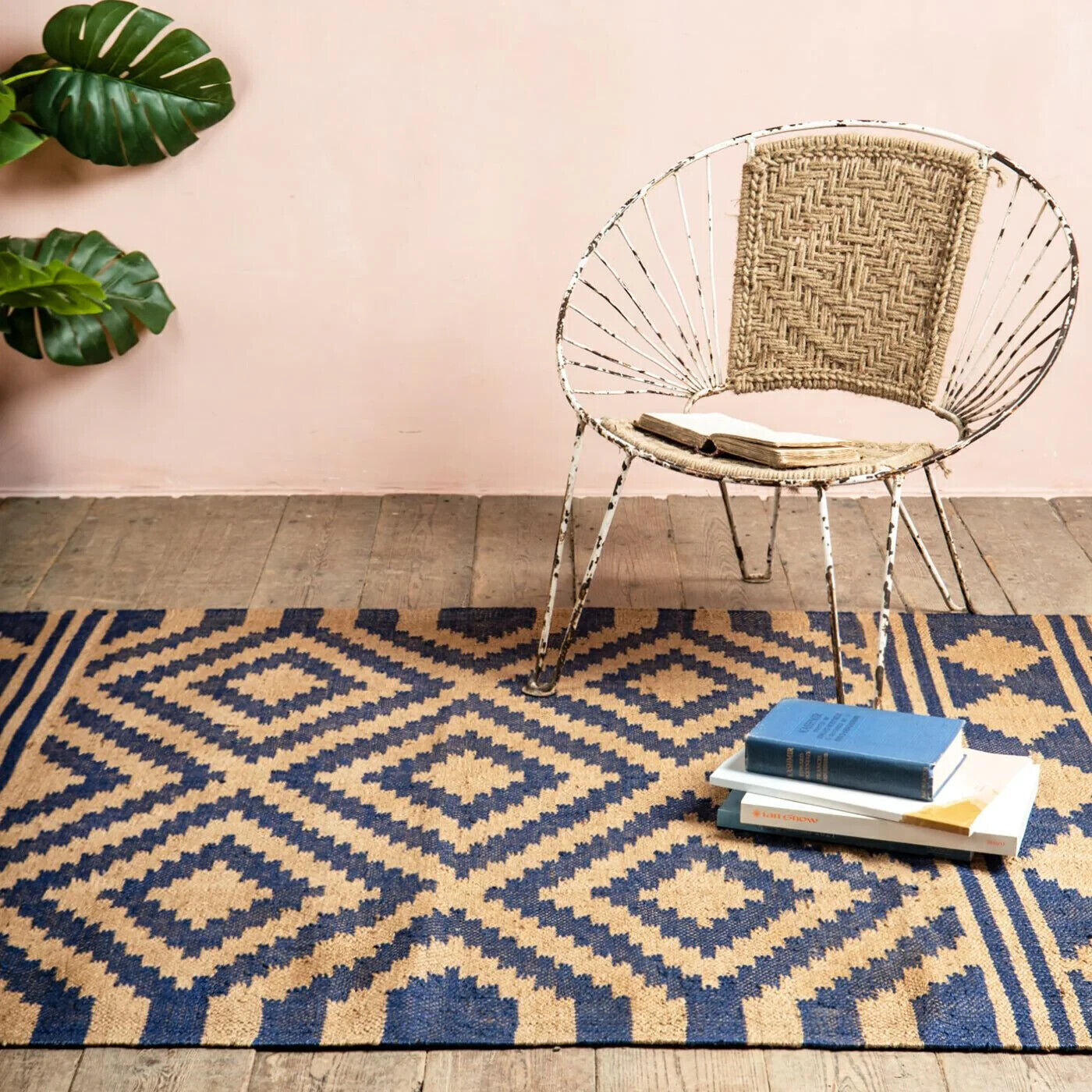 Ripaz Vogue Jute-Teppich, rechteckig, handgeflochten, modernes Design, für Wohnzimmer, Blau und Beige 