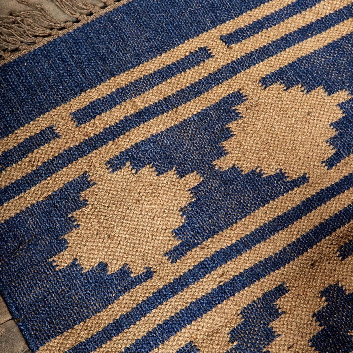 Ripaz Vogue Jute-Teppich, rechteckig, handgeflochten, modernes Design, für Wohnzimmer, Blau und Beige 