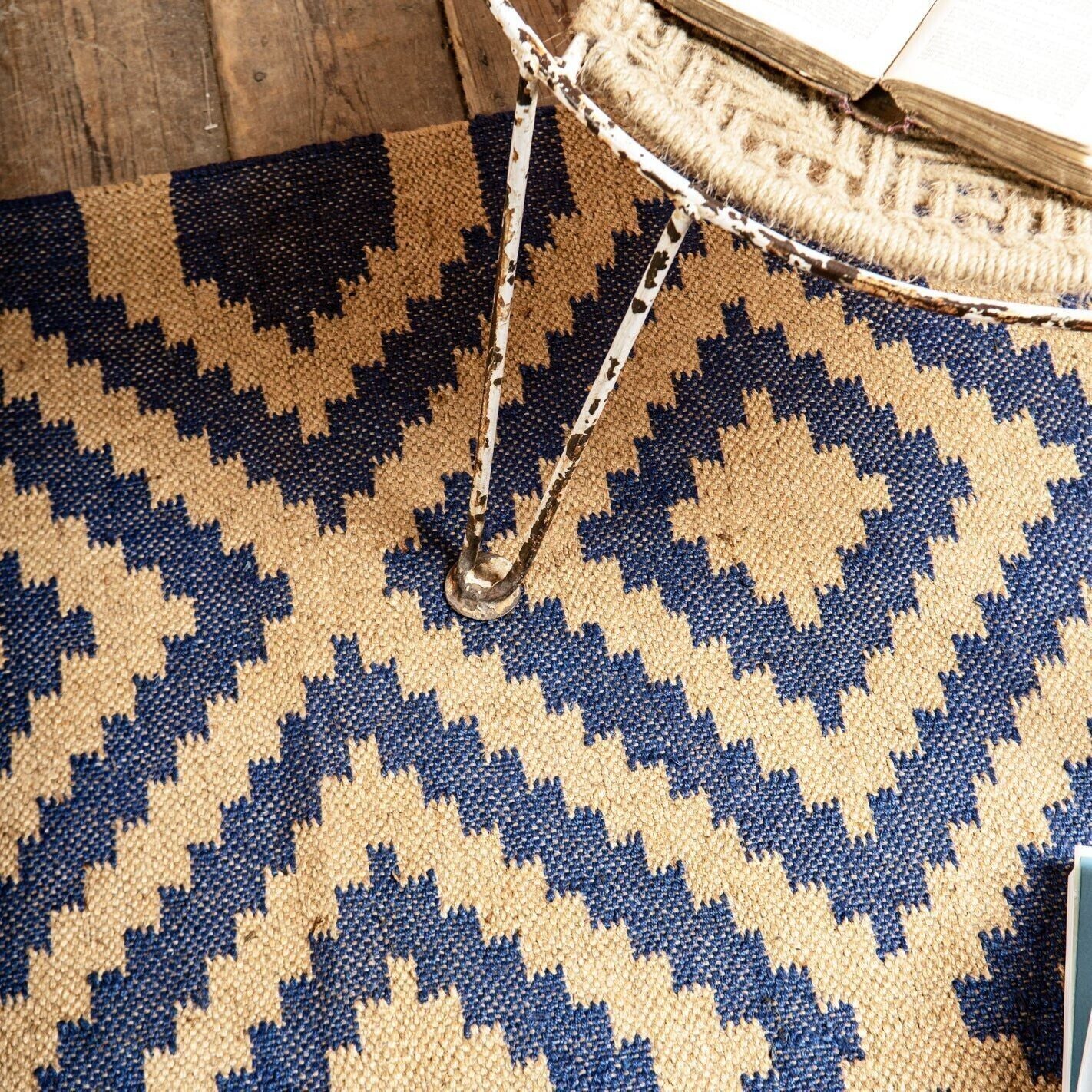 Ripaz Vogue Jute-Teppich, rechteckig, handgeflochten, modernes Design, für Wohnzimmer, Blau und Beige 
