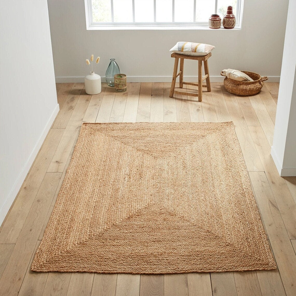 Natural Jute Rug Rectangle Farmhouse Jute Area Rug Handmade Carpet