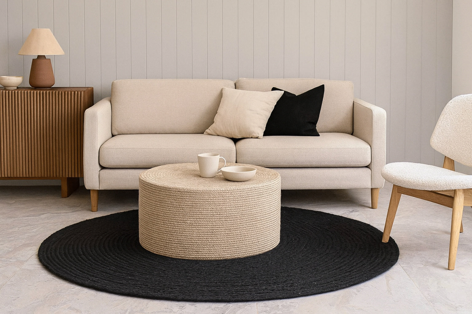 Ripaz Vogue - Tapis rond en jute tressé à la main aspect rustique beige avec bordure jaune 