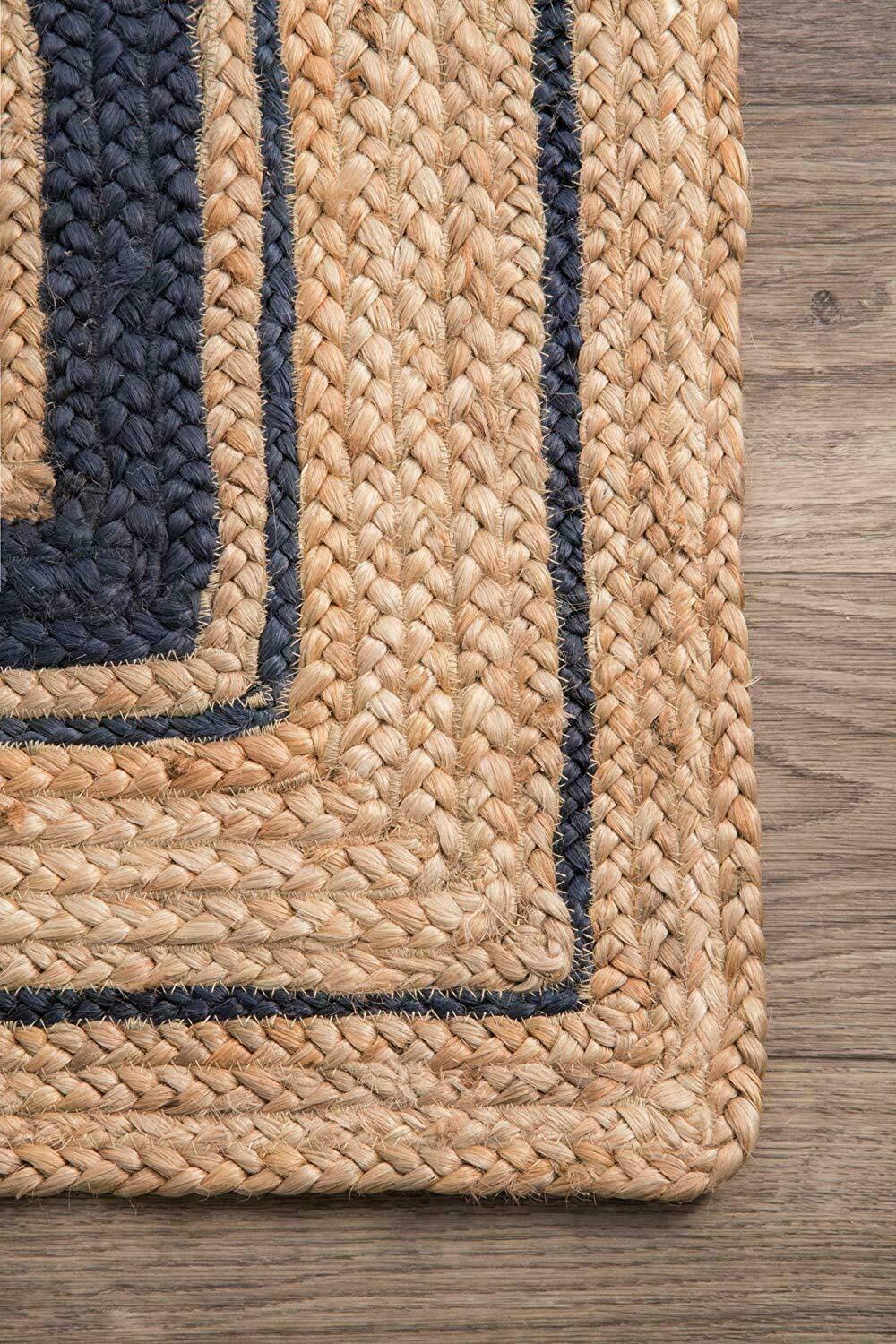 Natural Jute Rug Rectangle Beige With Black Hand Braided Farmhouse Jute Area Rug Eco Friendly Carpet