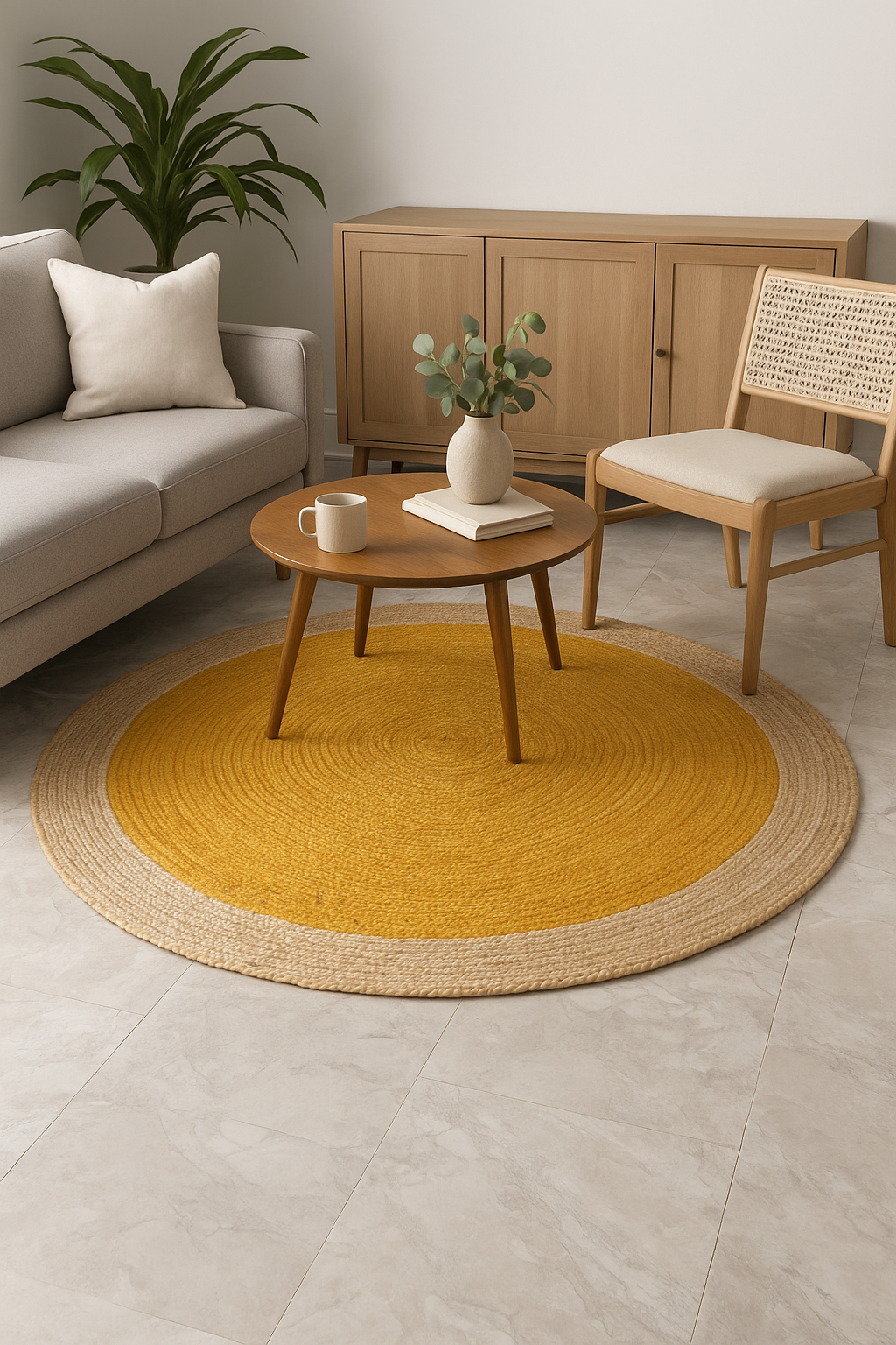 Ripaz Vogue - Tapis rond en jute tressé à la main aspect rustique beige avec bordure jaune 