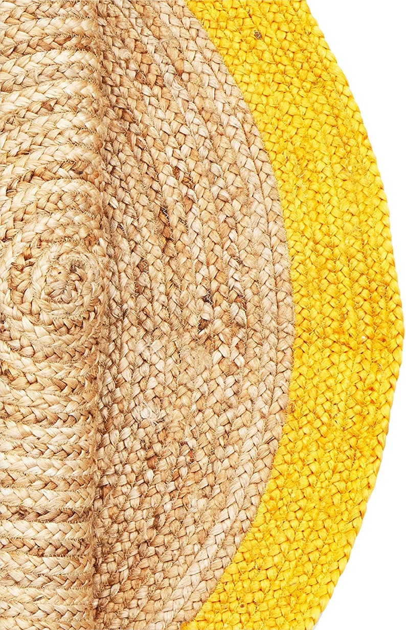 Ripaz Vogue - Tapis rond en jute tressé à la main aspect rustique beige avec bordure jaune 