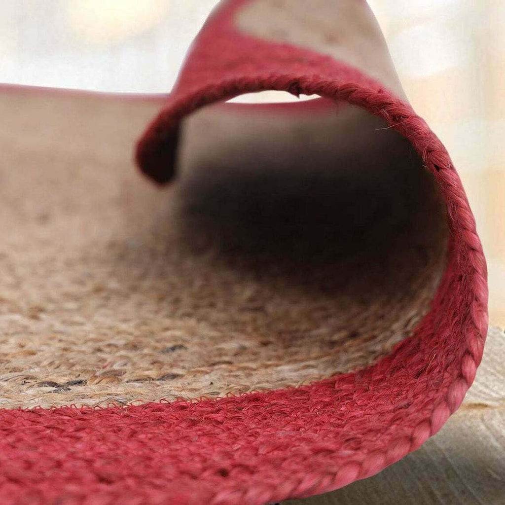 Ripaz Vogue - Tapis rond en jute tressé à la main aspect rustique beige avec bordure rouge 