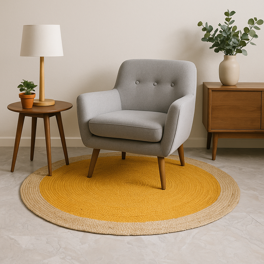 Ripaz Vogue - Tapis rond en jute tressé à la main aspect rustique beige avec bordure jaune 