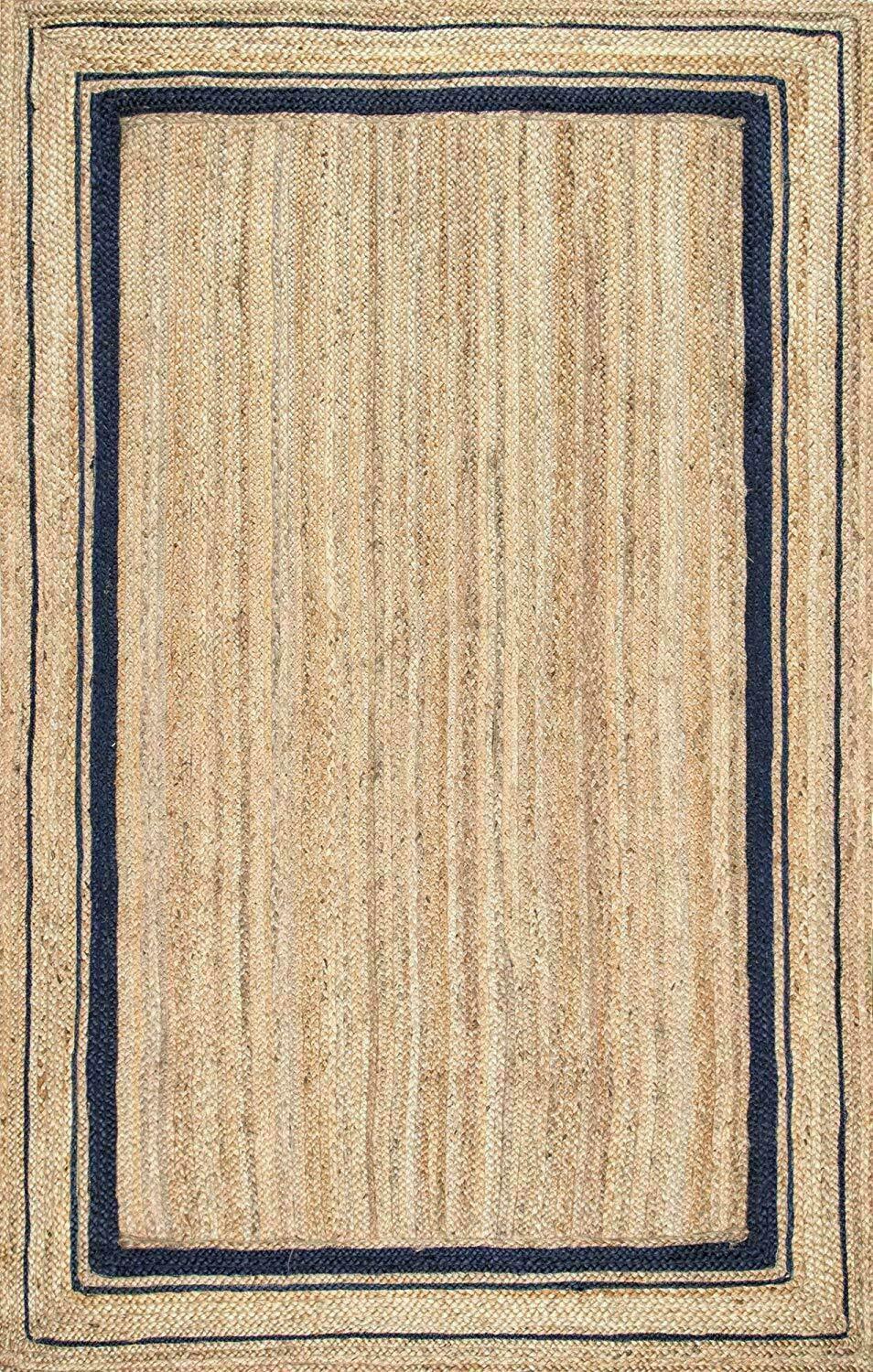 Natural Jute Rug Rectangle Beige With Black Hand Braided Farmhouse Jute Area Rug Eco Friendly Carpet