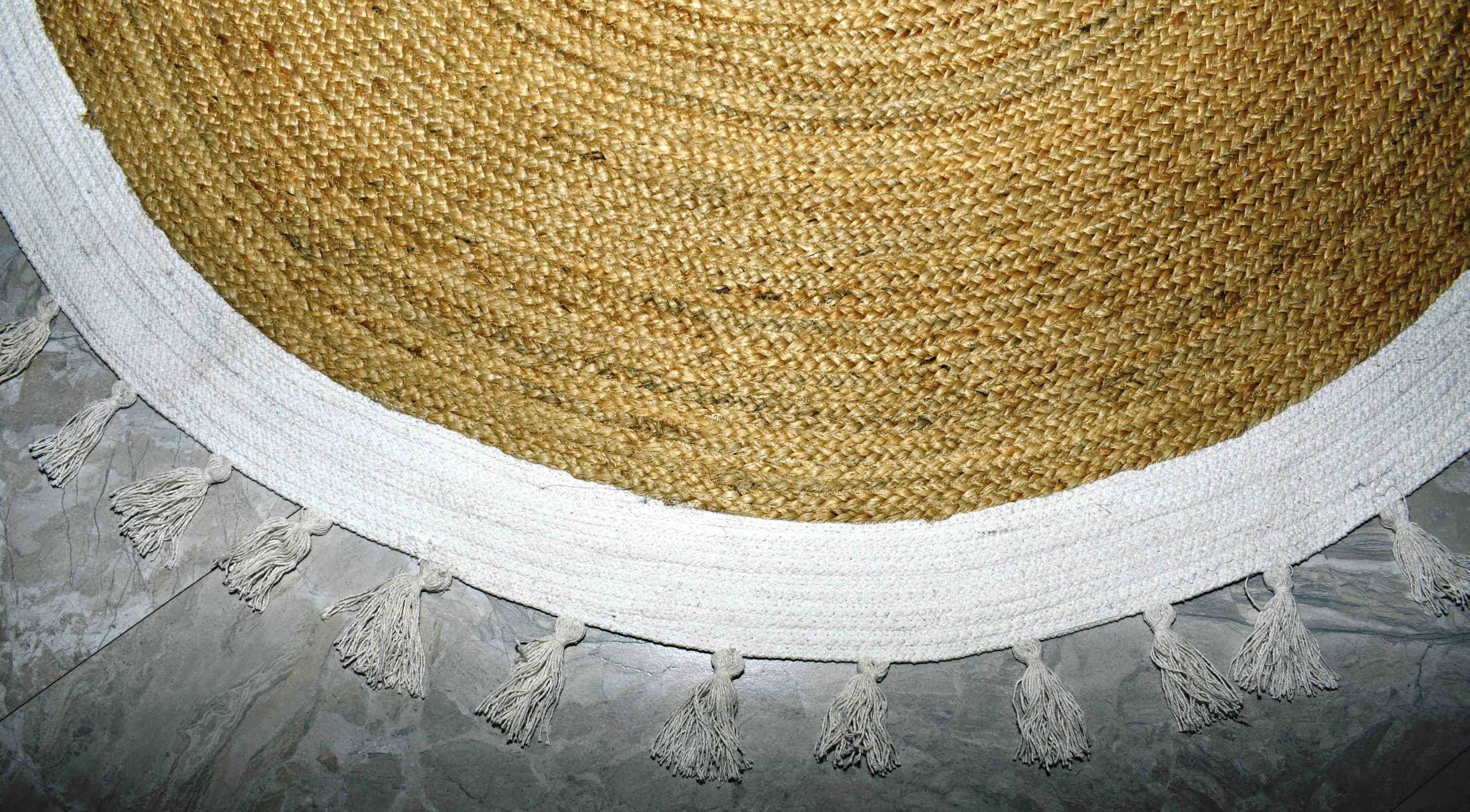 Ripaz Vogue - Tapis rond en jute tressé à la main aspect rustique beige avec bordure jaune 