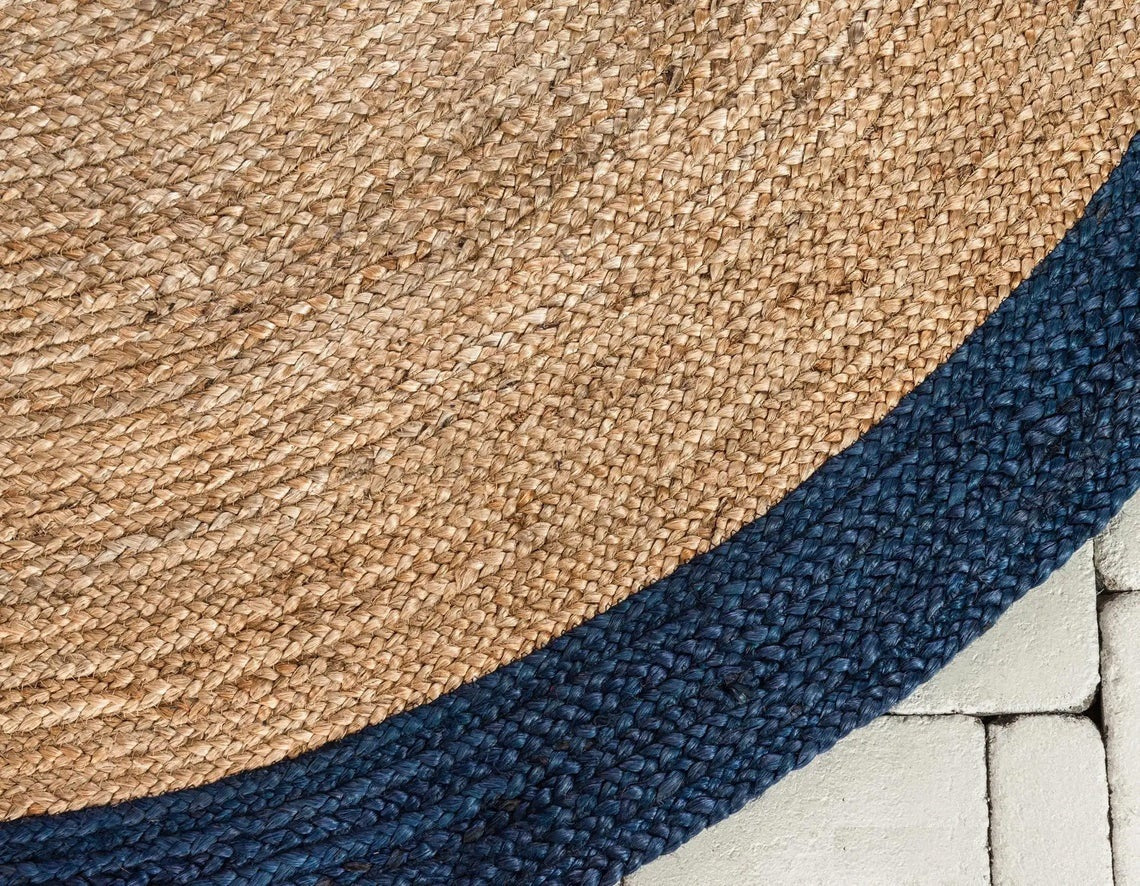 Ripaz Vogue - Tapis rond en jute tressé à la main aspect rustique beige avec bordure bleue 