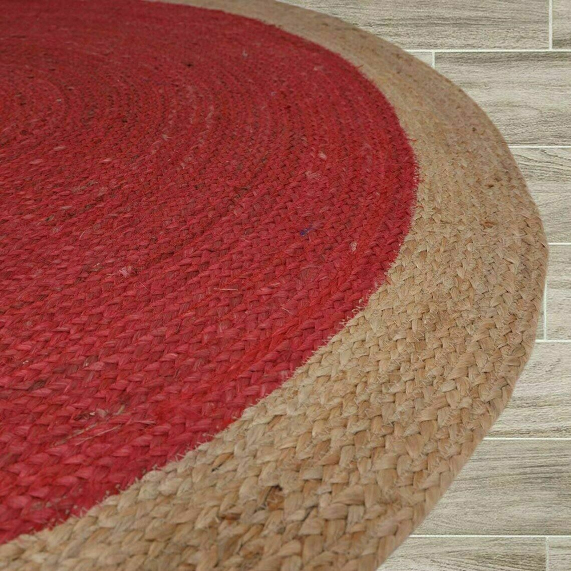 Ripaz Vogue - Tapis rond en jute tressé à la main, aspect rustique, rouge avec bordure beige 