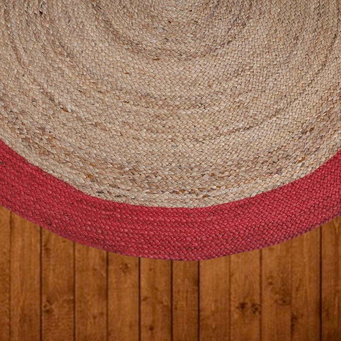 Ripaz Vogue - Tapis rond en jute tressé à la main aspect rustique beige avec bordure rouge 