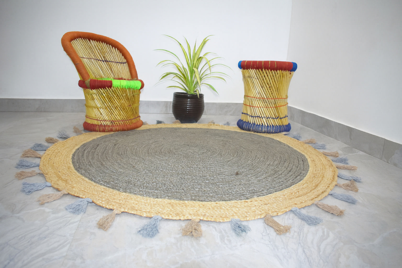 Ripaz Vogue - Tapis rond en jute tressé à la main aspect rustique beige avec bordure jaune 