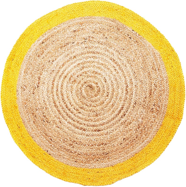 Ripaz Vogue - Rug Round in Jute Hand Braided Rustic Look Rug Beige with Yellow Border