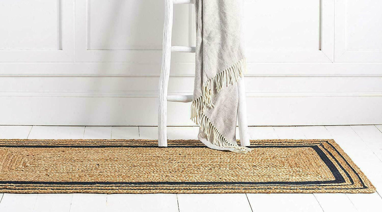 Natural Jute Rug Rectangle Beige With Black Hand Braided Farmhouse Jute Area Rug Eco Friendly Carpet