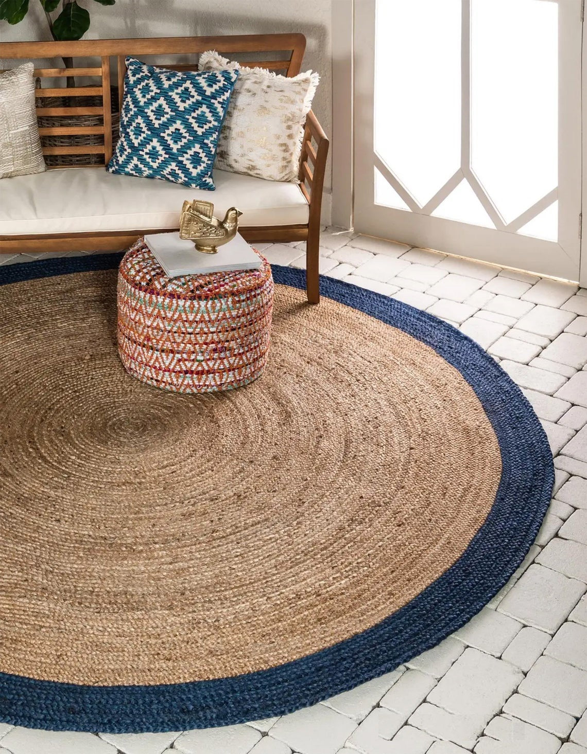 Ripaz Vogue - Tapis rond en jute tressé à la main aspect rustique beige avec bordure bleue 