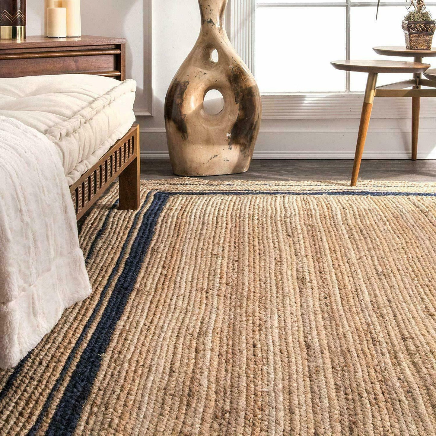 Natural Jute Rug Rectangle Beige With Black Hand Braided Farmhouse Jute Area Rug Eco Friendly Carpet
