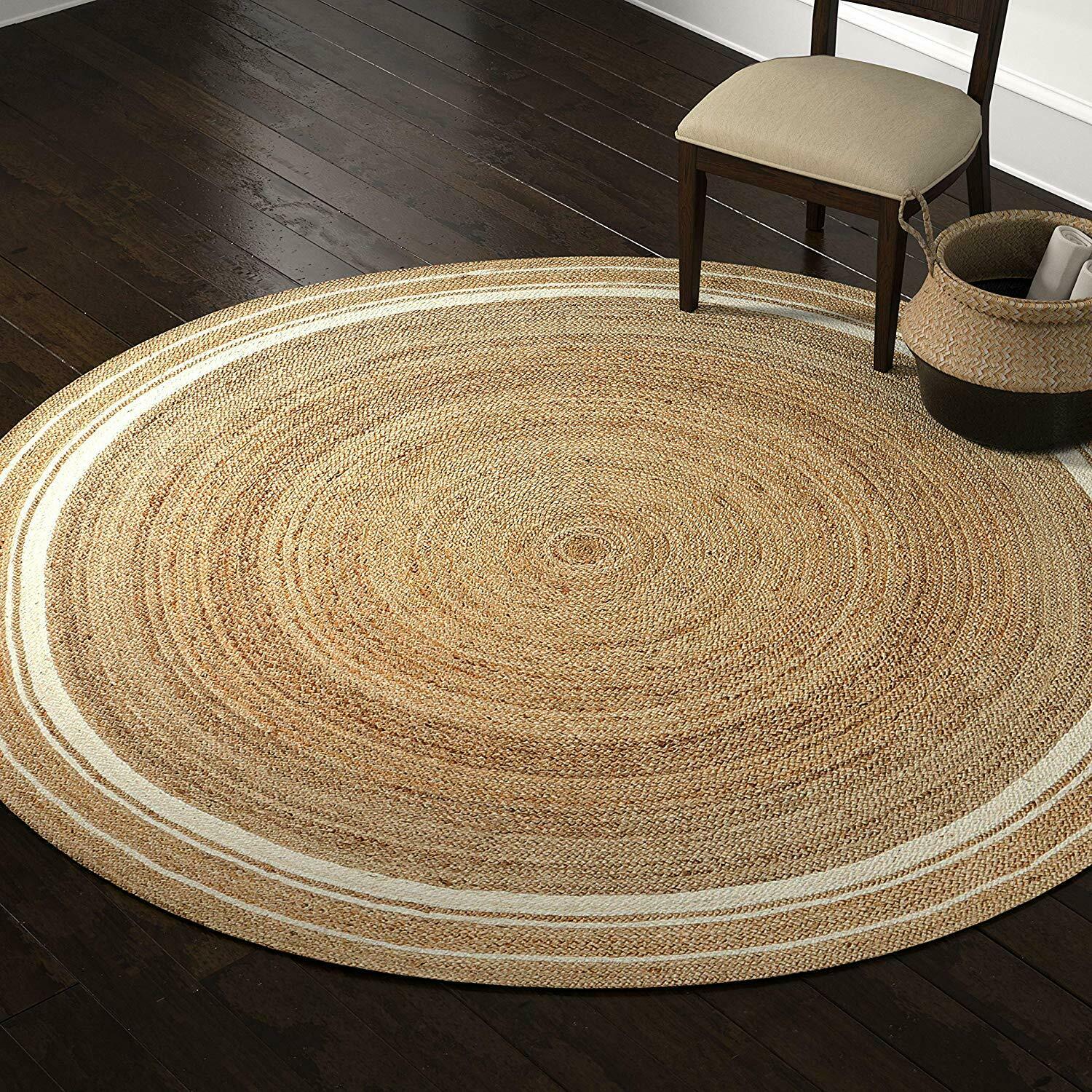 Ripaz Vogue - Tapis rond en jute tressé naturel couleur coton beige et blanc 