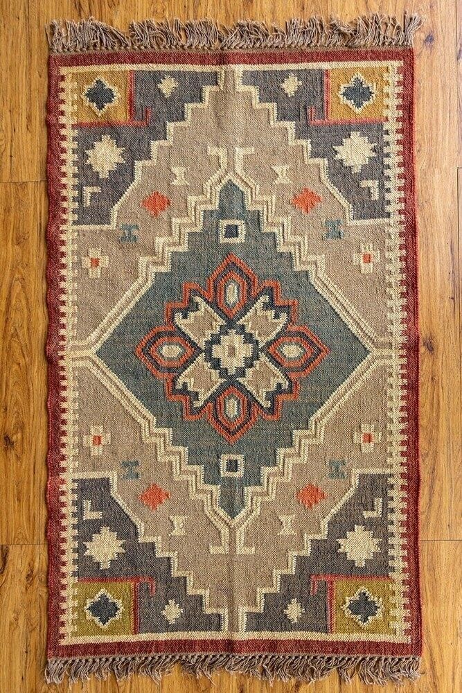 Wool Jute Rug Kilim Traditional Rustic Look Dhurrie Living Room Bedroom Carpet (KLM-49)