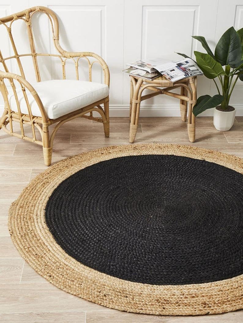 Ripaz Vogue - Tapis rond en jute noir avec bordure beige Tapis fait main 
