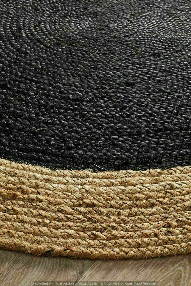 Ripaz Vogue - Tapis rond en jute noir avec bordure beige Tapis fait main 