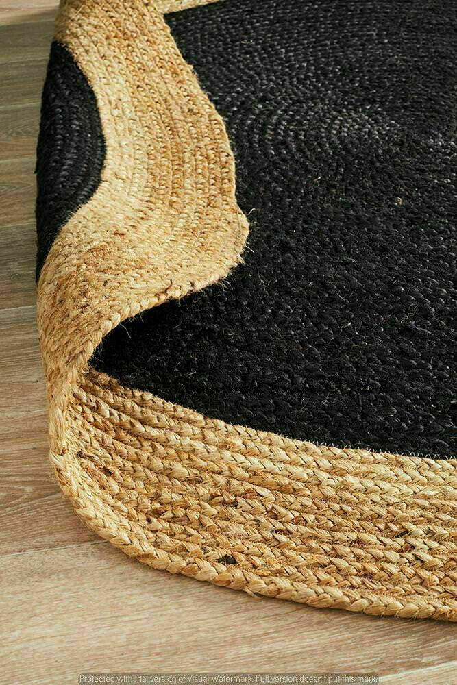 Ripaz Vogue - Tapis rond en jute noir avec bordure beige Tapis fait main 