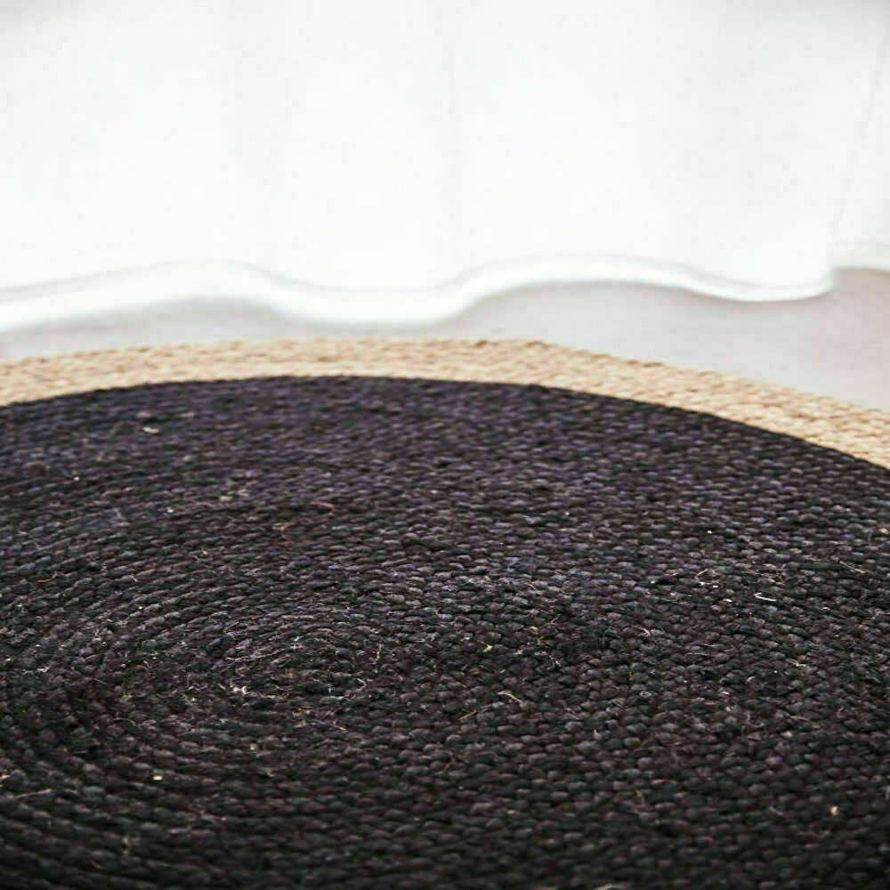 Ripaz Vogue - Tapis rond en jute noir avec bordure beige Tapis fait main 