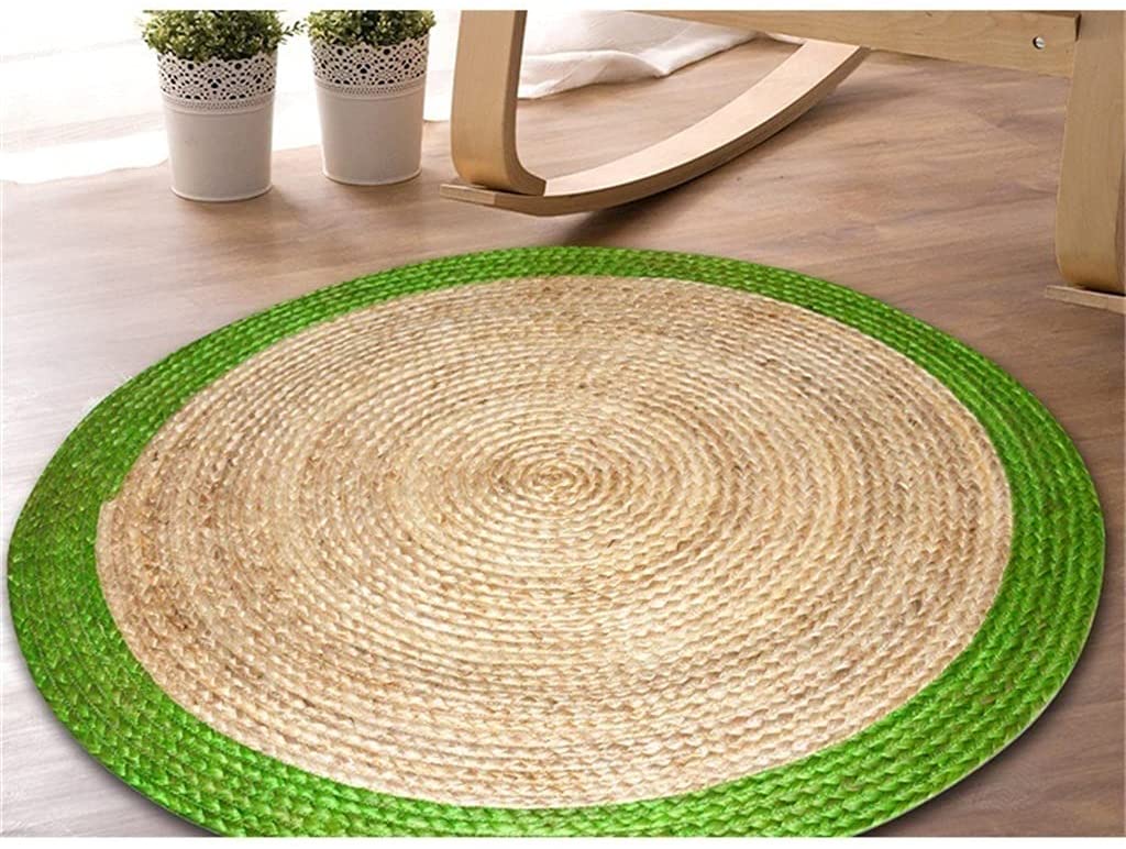 Ripaz Vogue - Tapis rond en jute tressé à la main aspect rustique beige avec bordure verte 