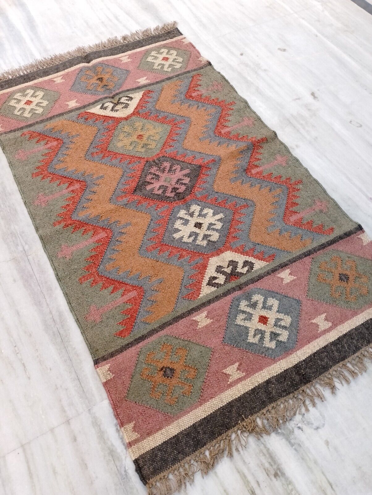Wool Jute Rug Kilim Traditional Rustic Look Dhurrie Living Room Bedroom Carpet (KLM-50)