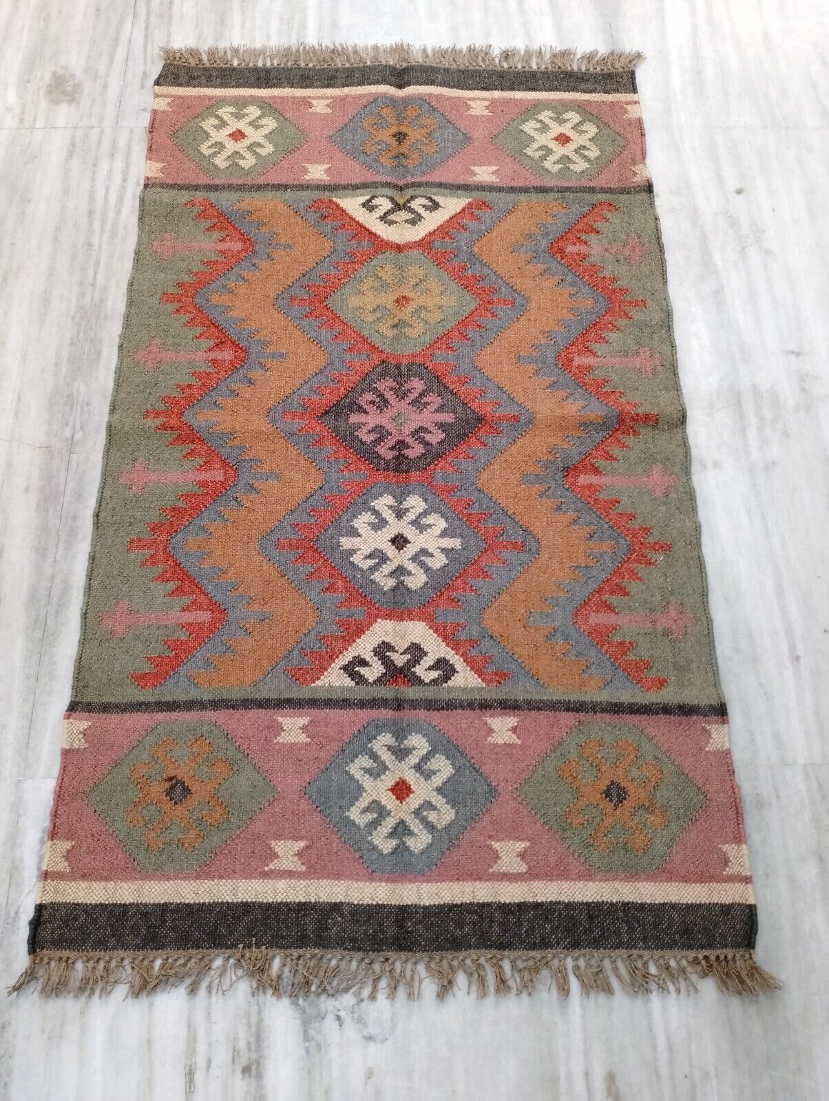 Wool Jute Rug Kilim Traditional Rustic Look Dhurrie Living Room Bedroom Carpet (KLM-50)