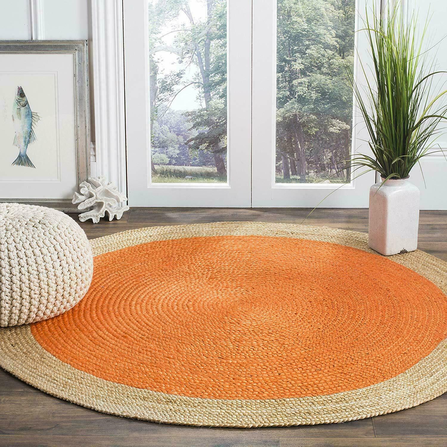 Ripaz Vogue - Tapis rond en jute tressé à la main aspect rustique orange avec bordure beige 