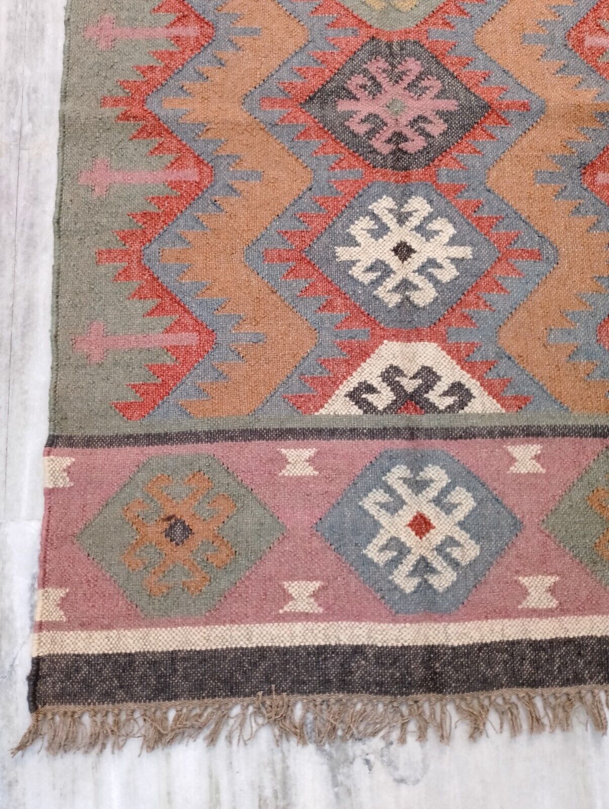 Wool Jute Rug Kilim Traditional Rustic Look Dhurrie Living Room Bedroom Carpet (KLM-50)