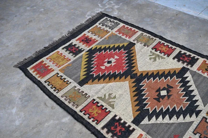 Wool Jute Rug Kilim Traditional Rustic Look Dhurrie Living Room Bedroom Carpet (KLM-21)
