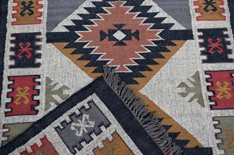Wool Jute Rug Kilim Traditional Rustic Look Dhurrie Living Room Bedroom Carpet (KLM-21)