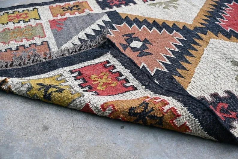 Wool Jute Rug Kilim Traditional Rustic Look Dhurrie Living Room Bedroom Carpet (KLM-21)