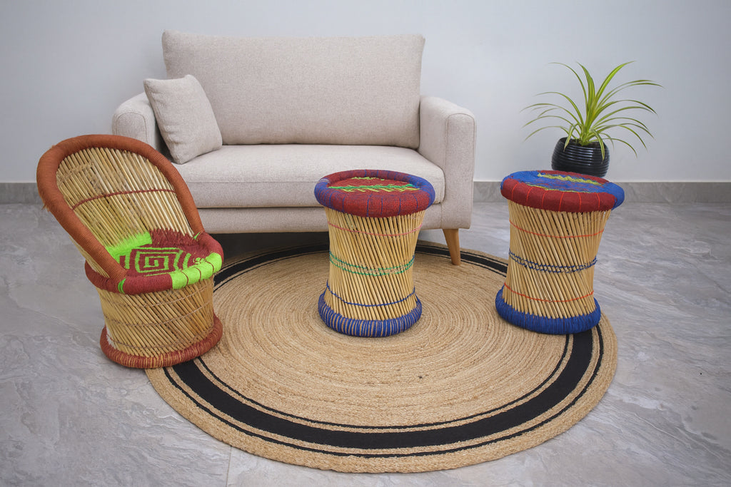 Ripaz Vogue - Tapis rond en jute tressé à la main aspect rustique beige avec bordure jaune 