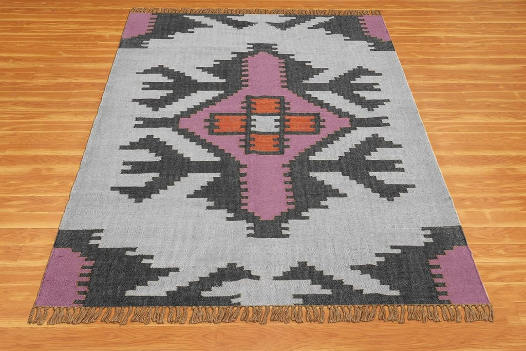 Wool Jute Rug Kilim Traditional Rustic Look Dhurrie Living Room Bedroom Carpet (KLM-22)