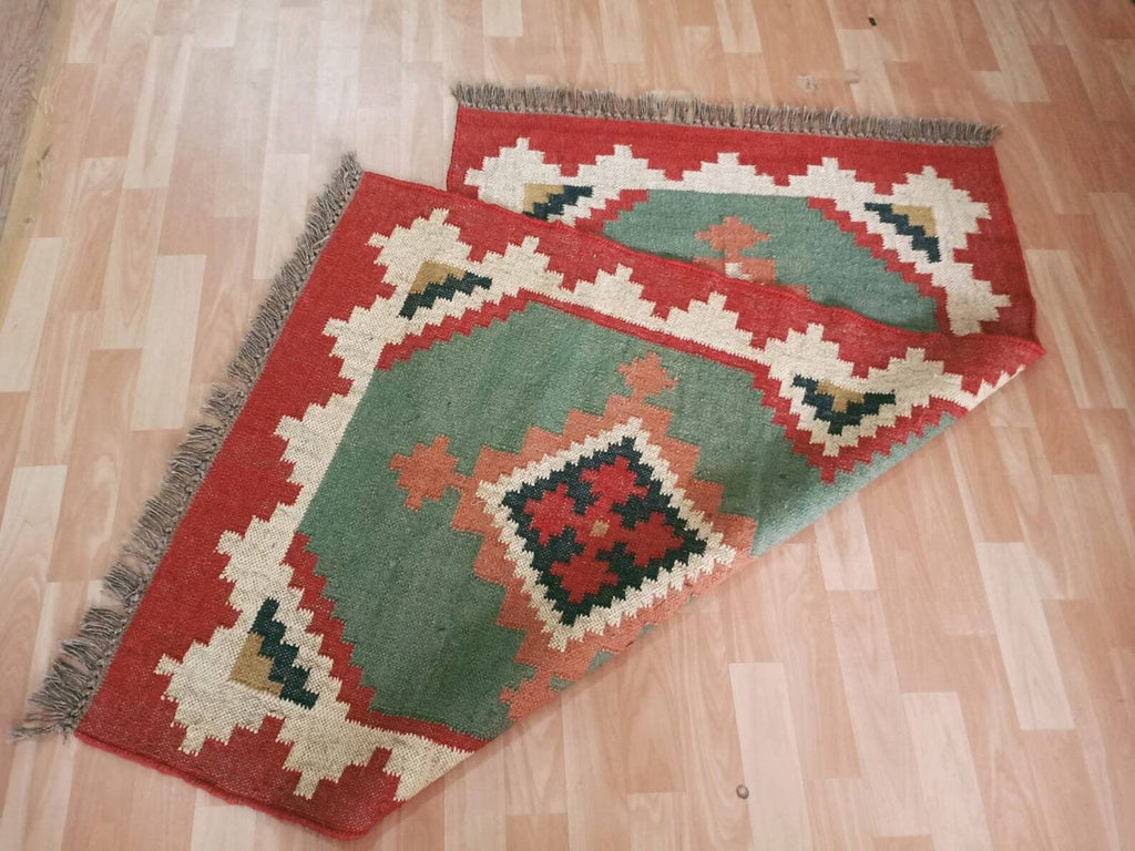 Wool Jute Rug Kilim Traditional Rustic Look Dhurrie Living Room Bedroom Carpet (KLM-52)