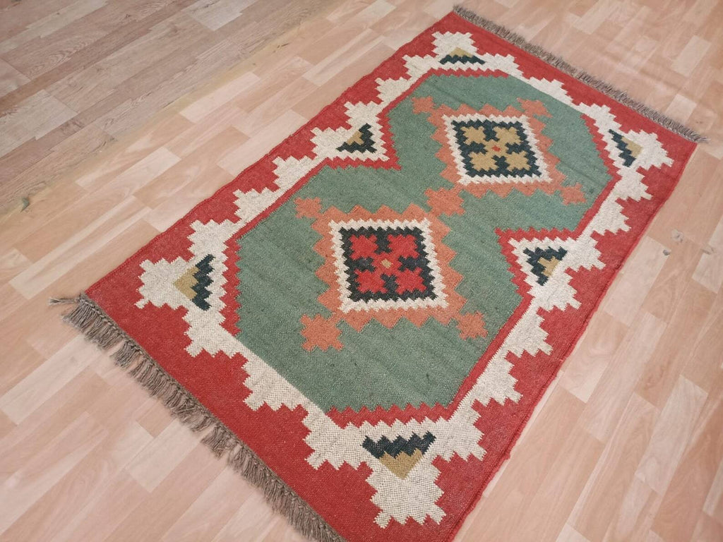 Wool Jute Rug Kilim Traditional Rustic Look Dhurrie Living Room Bedroom Carpet (KLM-52)
