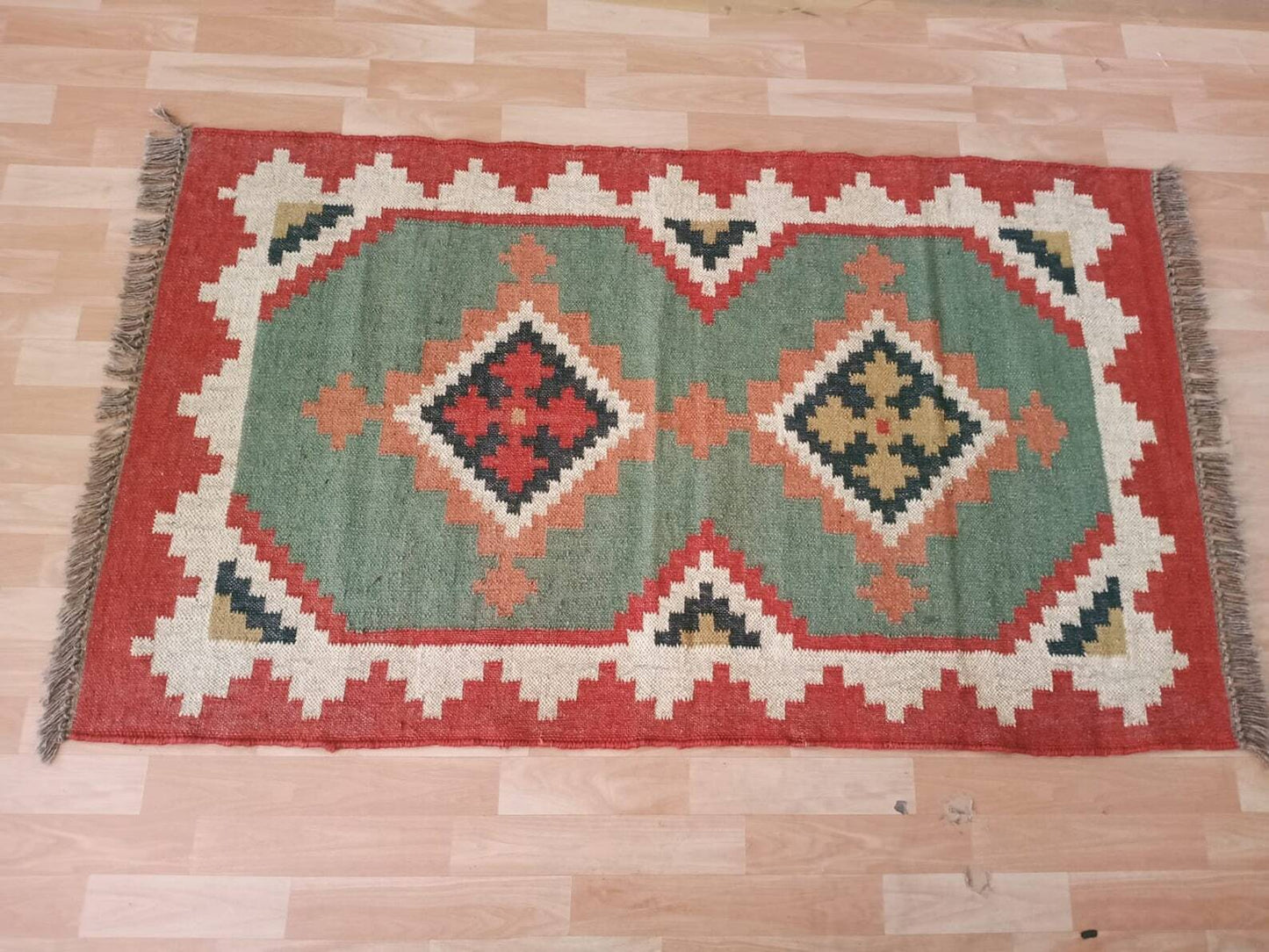 Wool Jute Rug Kilim Traditional Rustic Look Dhurrie Living Room Bedroom Carpet (KLM-52)